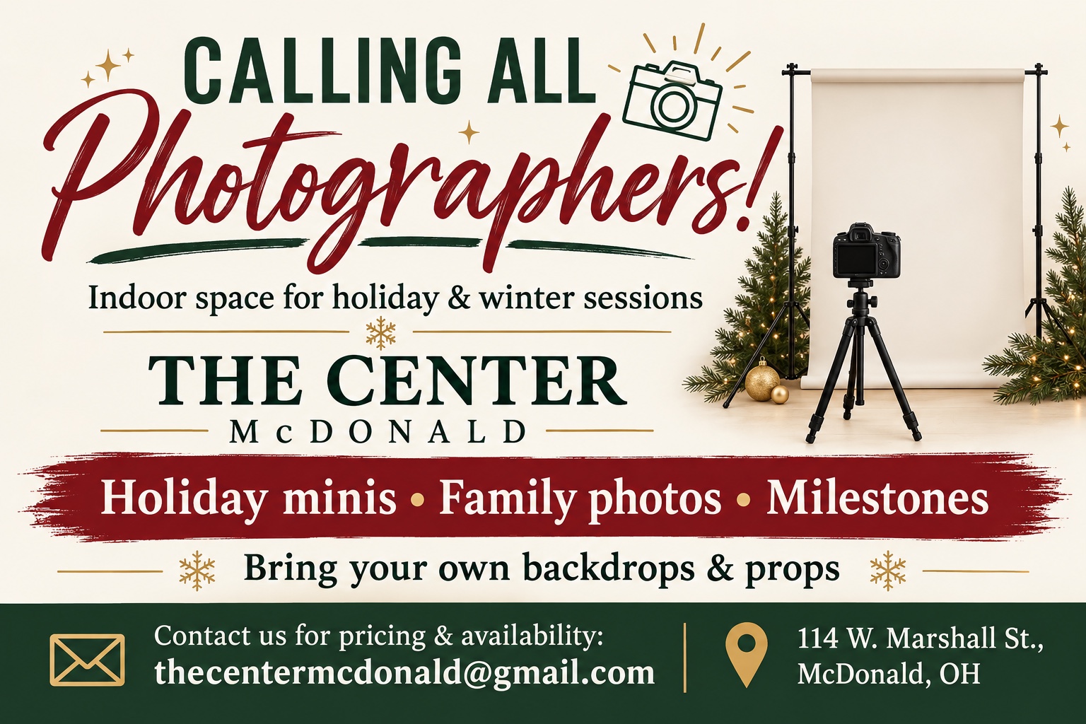 Photo-space flyer illustrating a camera, backdrop and holiday props