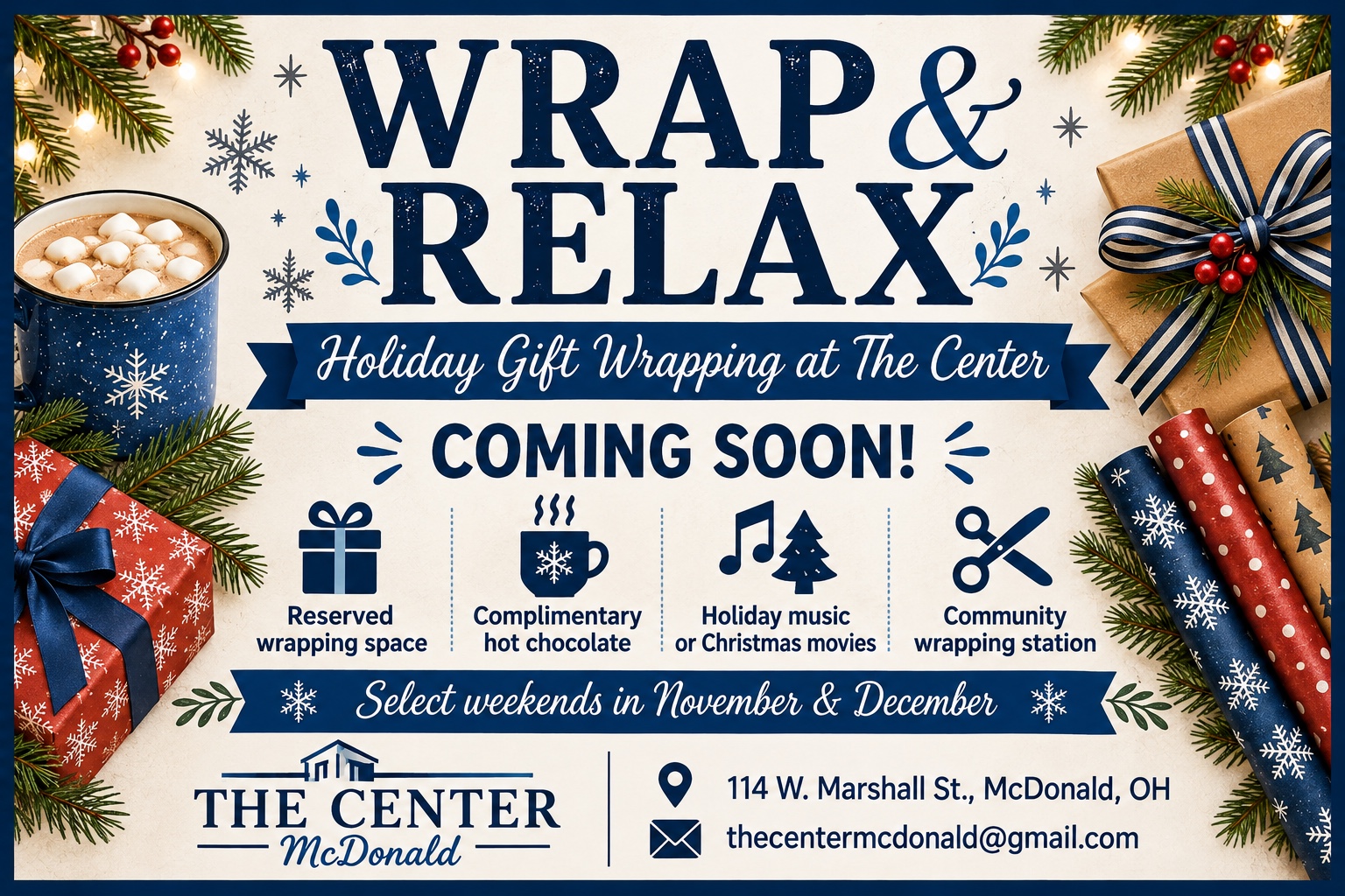 Wrap and Relax: holiday wrapping, complimentary hot chocolate and music, coming select weekends in November and December